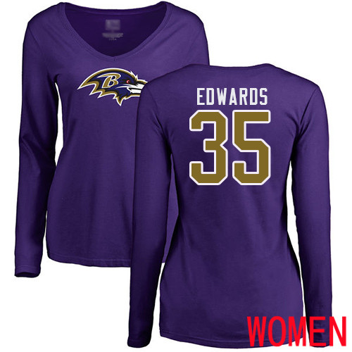 Baltimore Ravens Purple Women Gus Edwards Name and Number Logo NFL Football #35 Long Sleeve T Shirt->nfl t-shirts->Sports Accessory